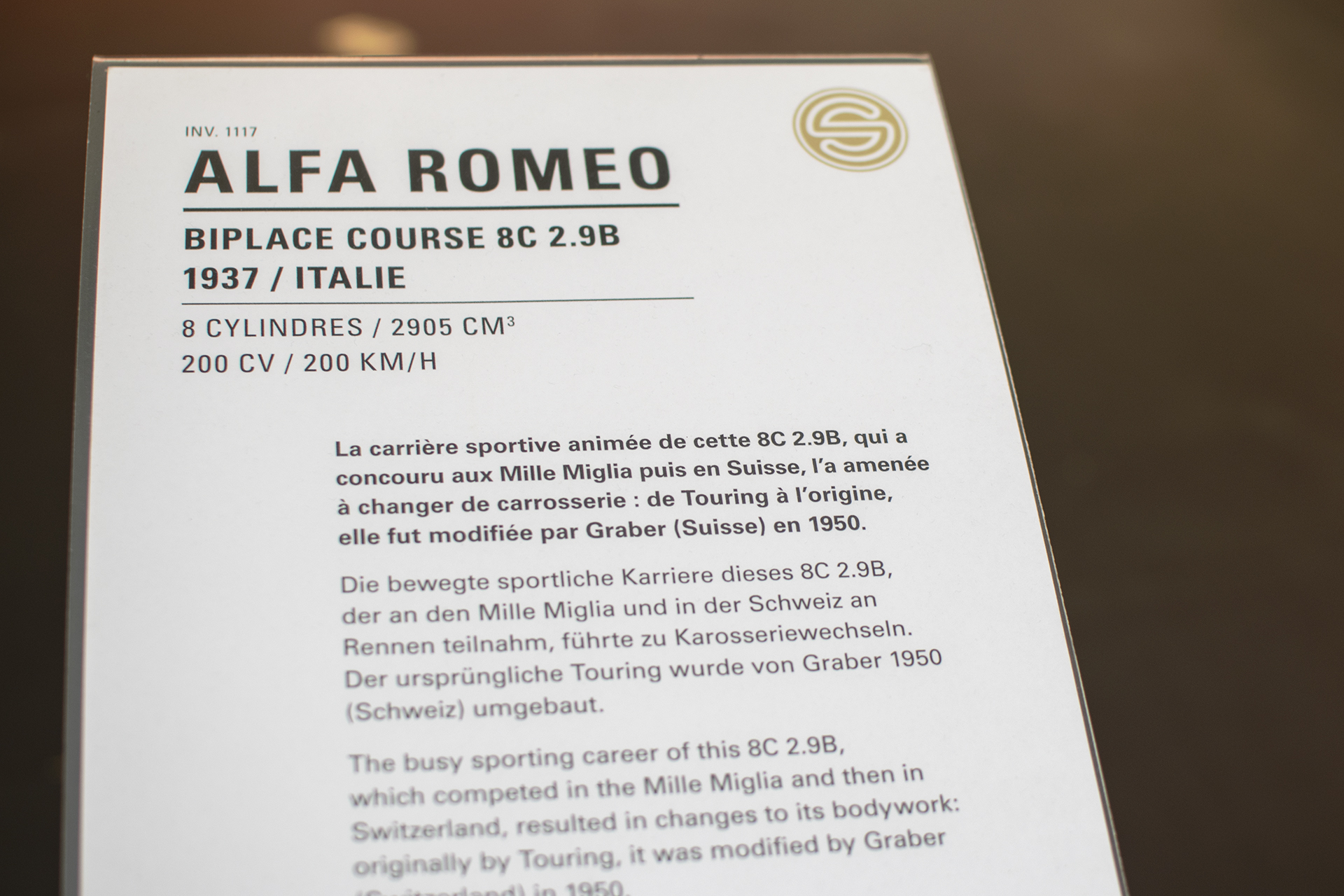 Alfa Romeo 8C. 2900B biplace course  1937 "Graber" infos - Cité de l'automobile, Collection Schlumpf, Mulhouse, 2020