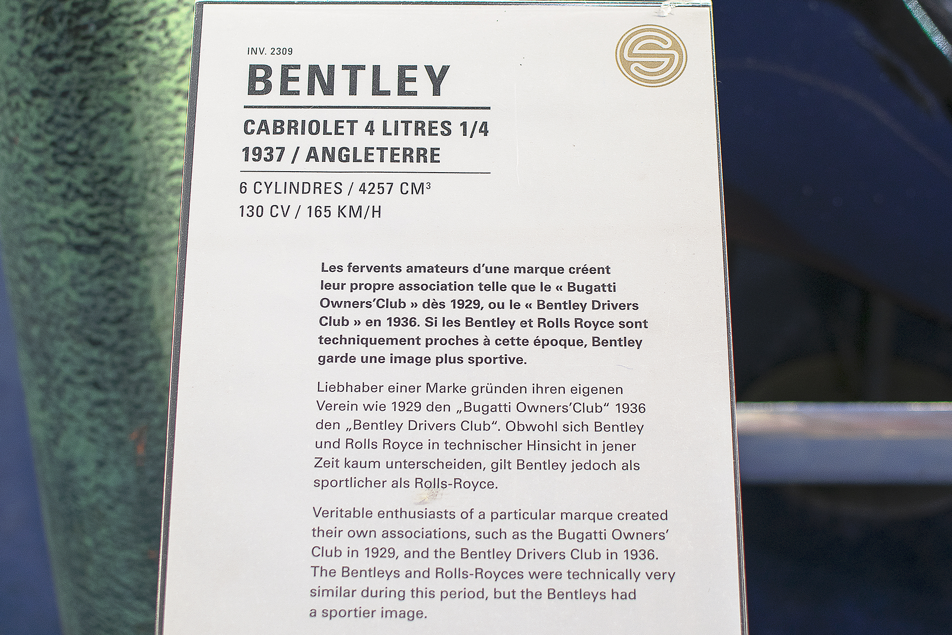 Bentley 4¼ Litre 1937 infos - Cité de l'automobile, Collection Schlumpf, Mulhouse, 2020