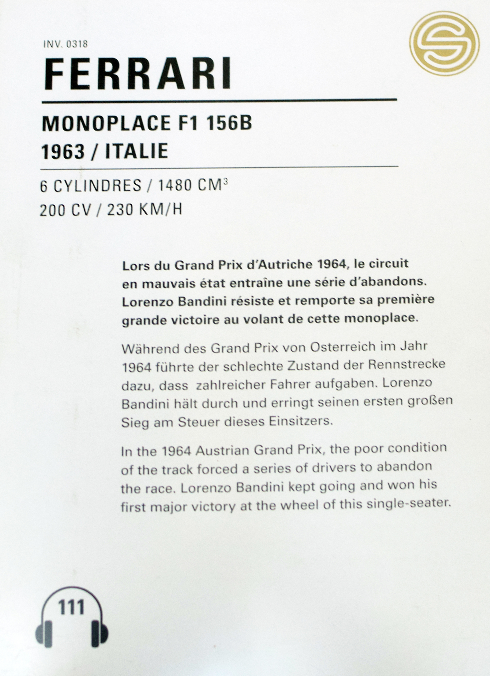 Ferrari 156B monoplace F1 1963 details - Cité de l'automobile, Collection Schlumpf, Mulhouse