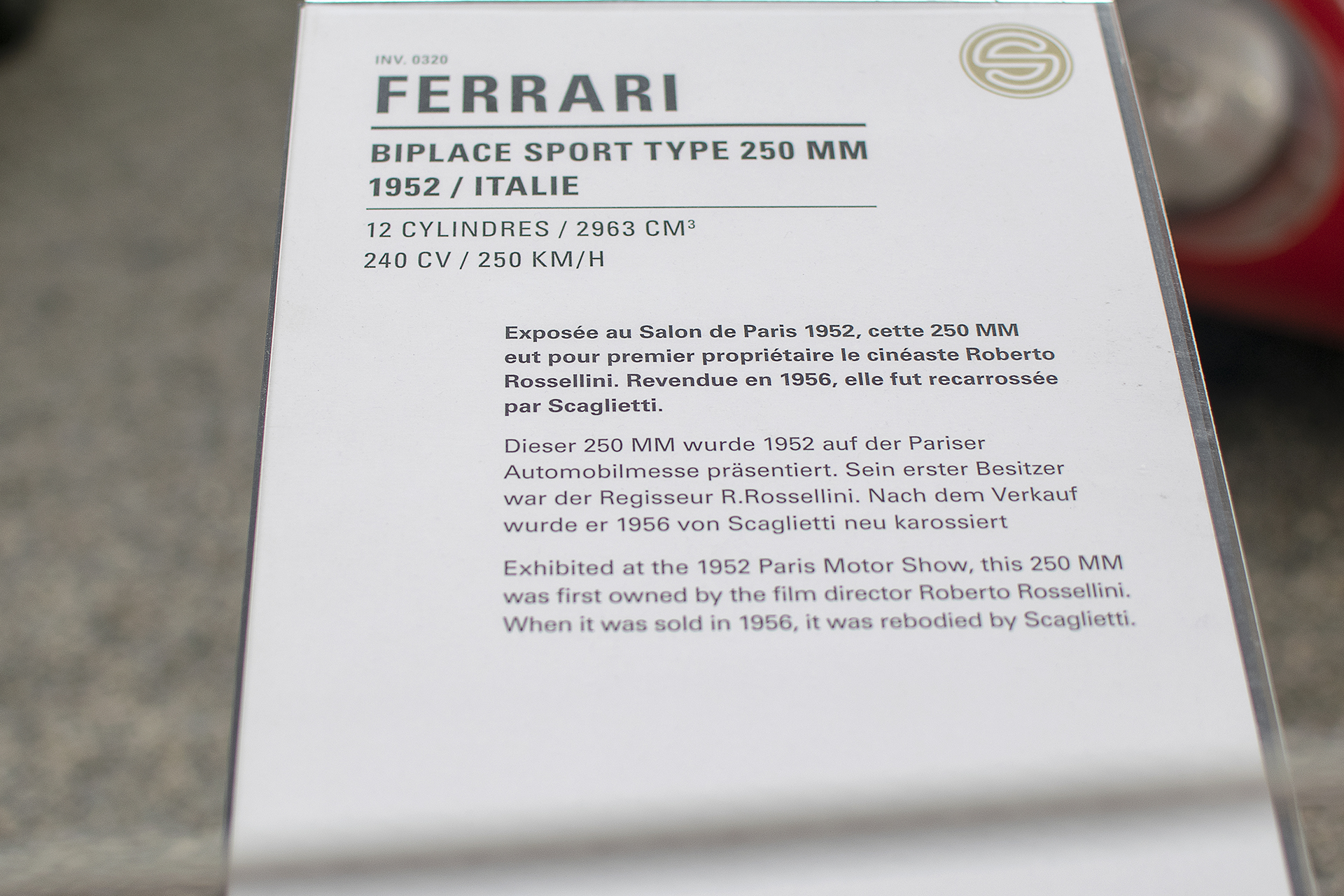 Ferrari 250 MM 1952 details - Cité de l'automobile, Collection Schlumpf, Mulhouse, 2020