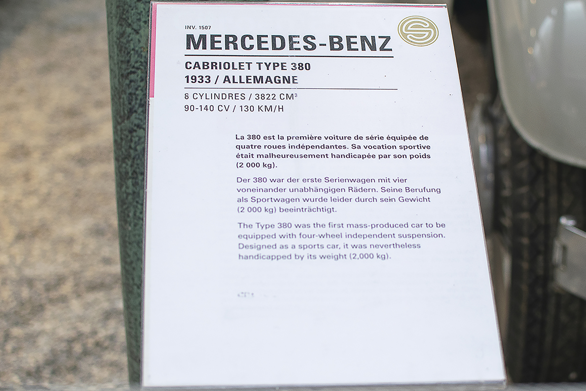 Mercedes-Benz W22 380 Convertible 1933 infos - Cité de l'automobile, Collection Schlumpf, Mulhouse, 2020