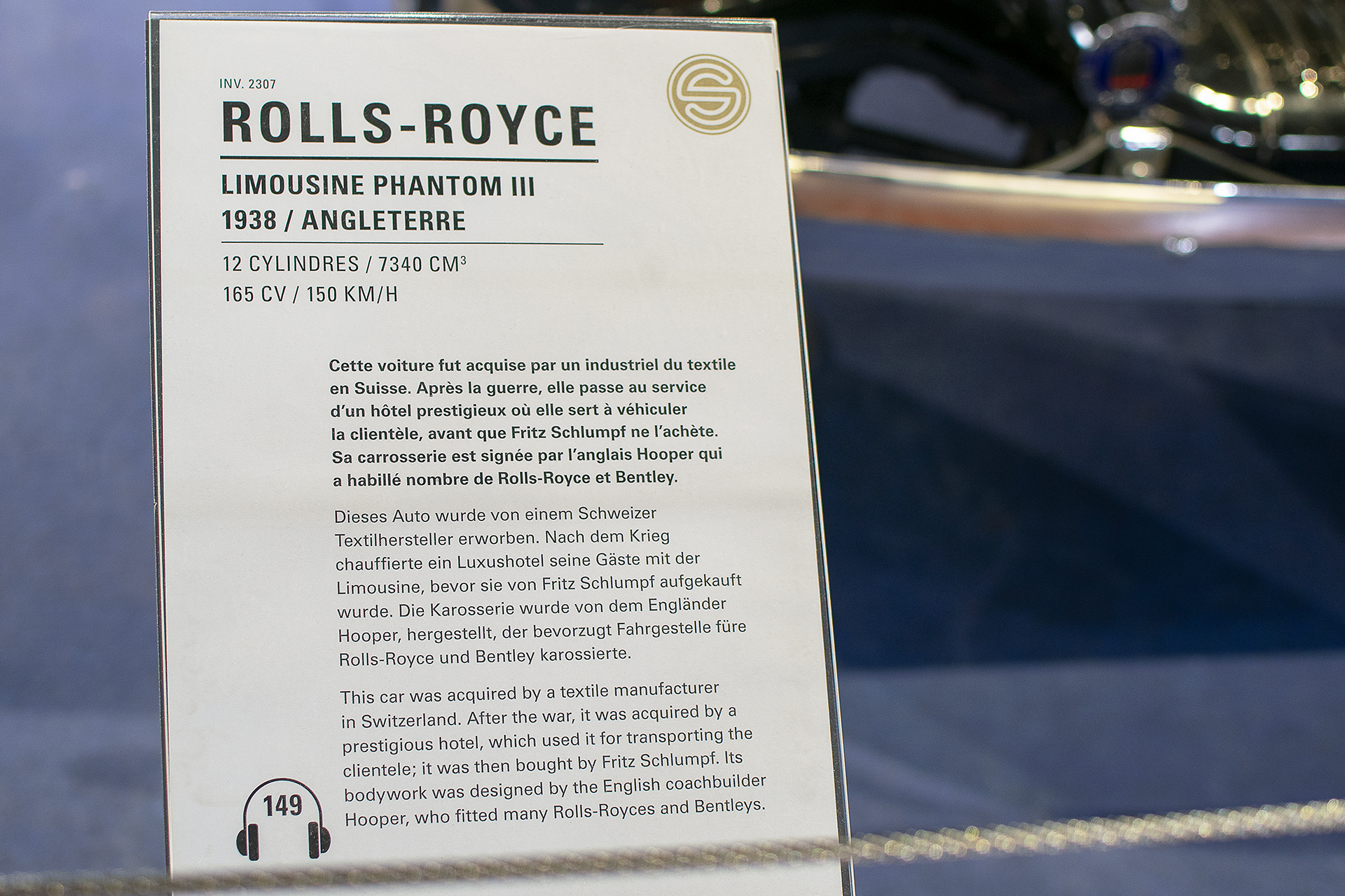 Rolls-Royce Phantom III 1938 limousine infos - Cité de l'automobile, Collection Schlumpf, Mulhouse, 2020
