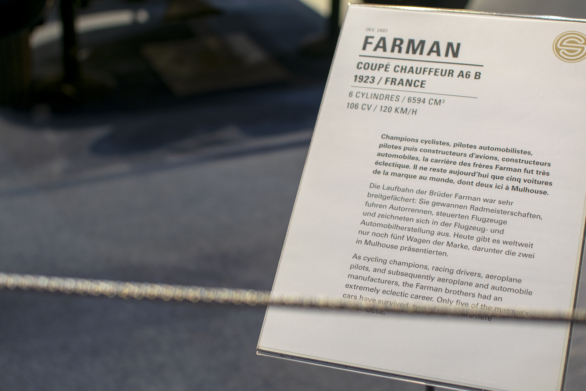 Farman A6 B coupé chauffeur 1923 infos - Cité de l'automobile, Collection Schlumpf, Mulhouse, 2020
