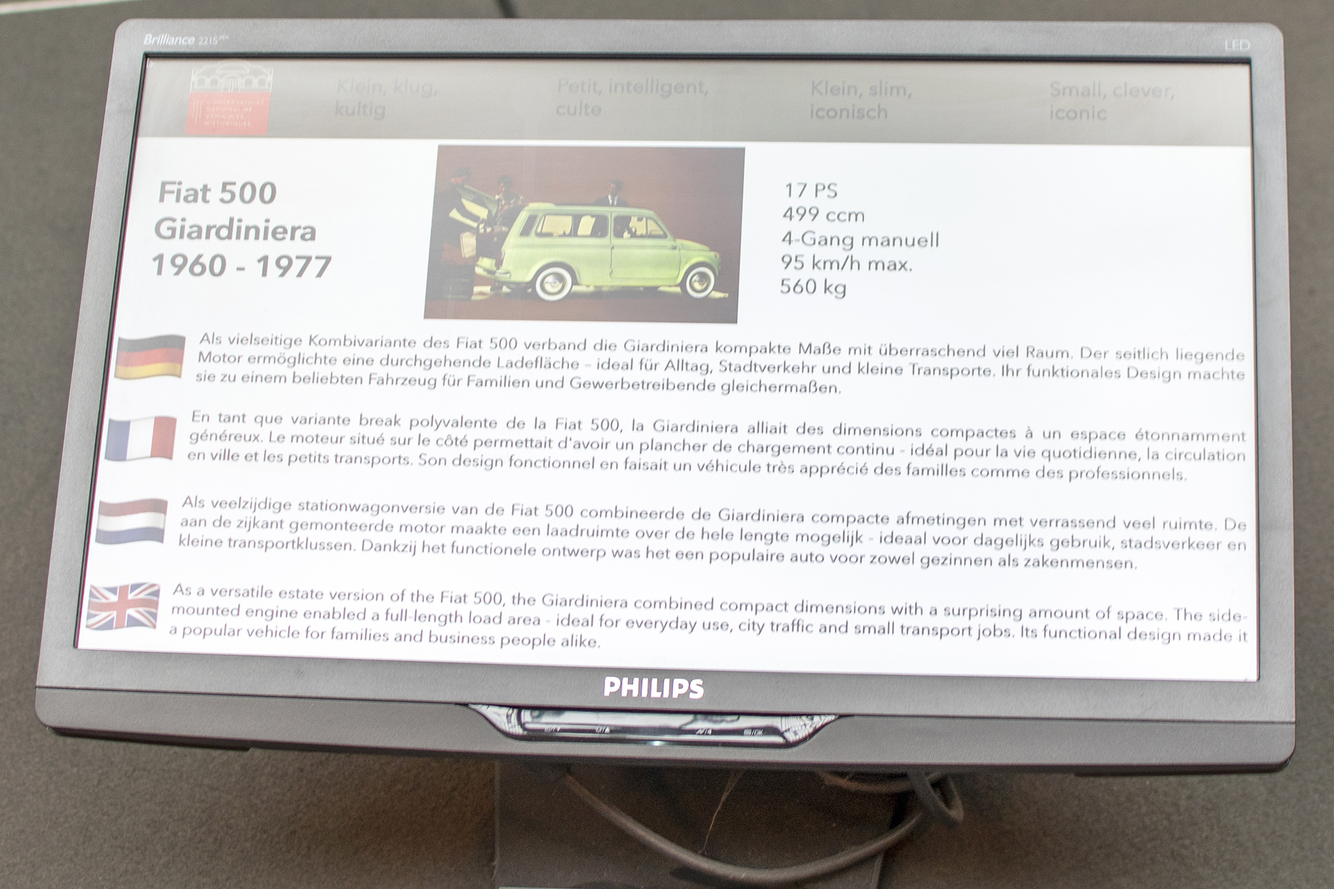 Fiat 500 Topolino C Giardiniera infos - Conservatoire National de Véhicules Historique s,Diekirch, exposition Eleganza su Strada 2025-2026