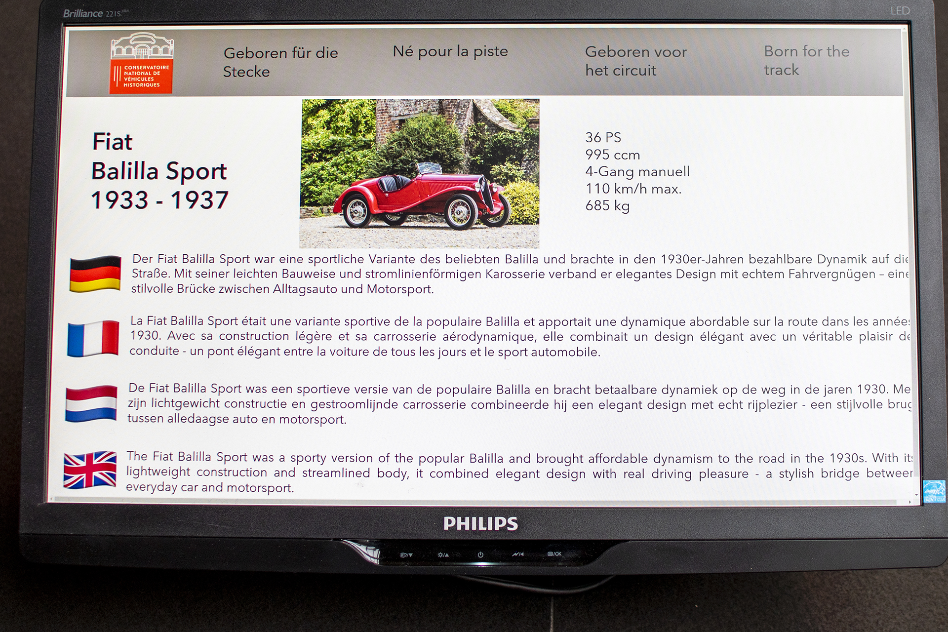 Fiat Balila Sport infos- Conservatoire National de Véhicules Historique s,Diekirch, exposition Eleganza su Strada 2025-2026