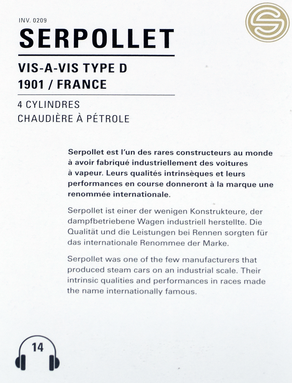 Gardner-Serpollet D Vis à Vis 1901 infos - Cité de l'automobile, Collection Schlumpf, Mulhouse