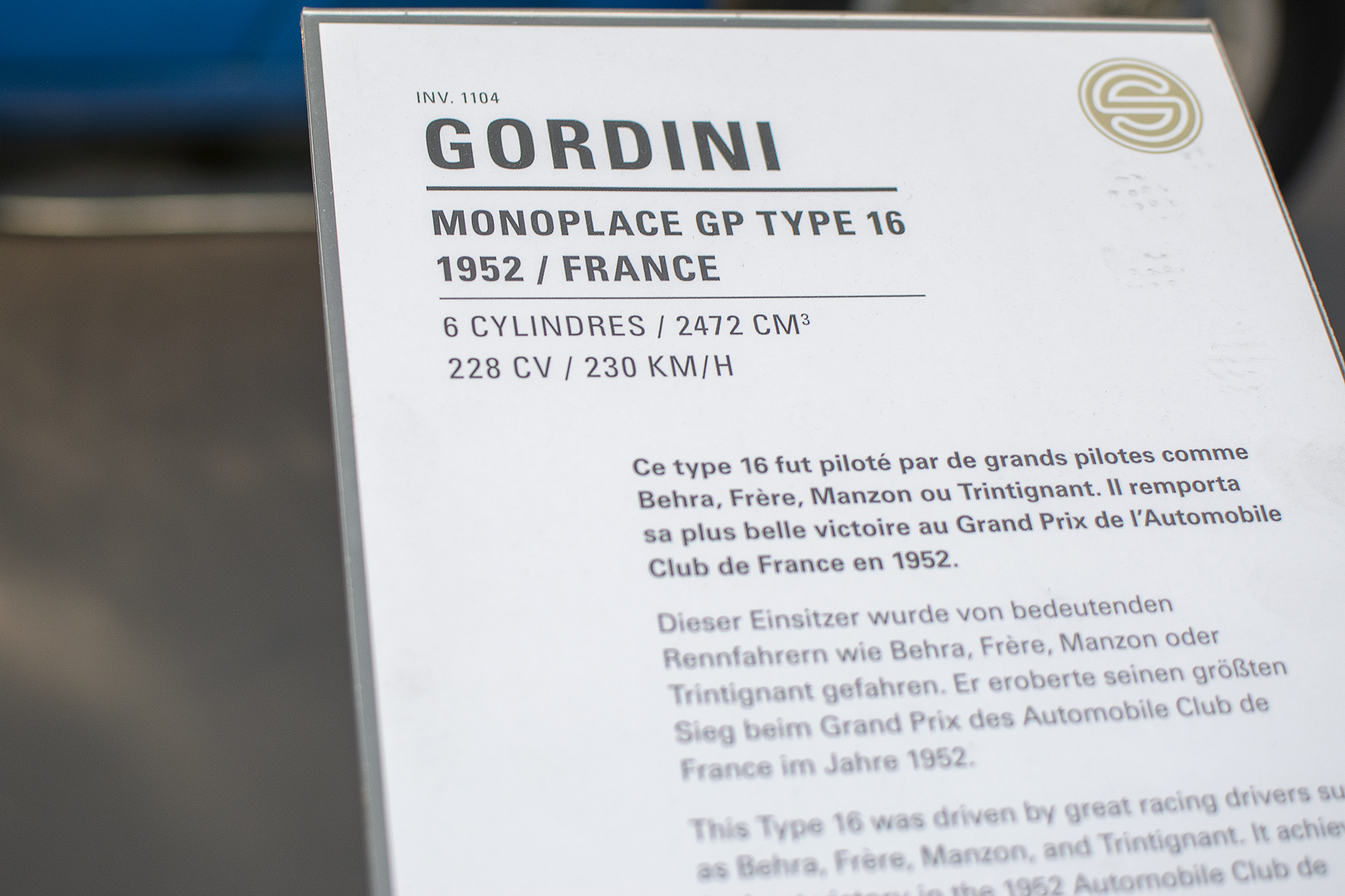 Gordini 16 monoplace GP 1952  infos -  Cité de l'automobile, Collection Schlumpf, Mulhouse, 2020