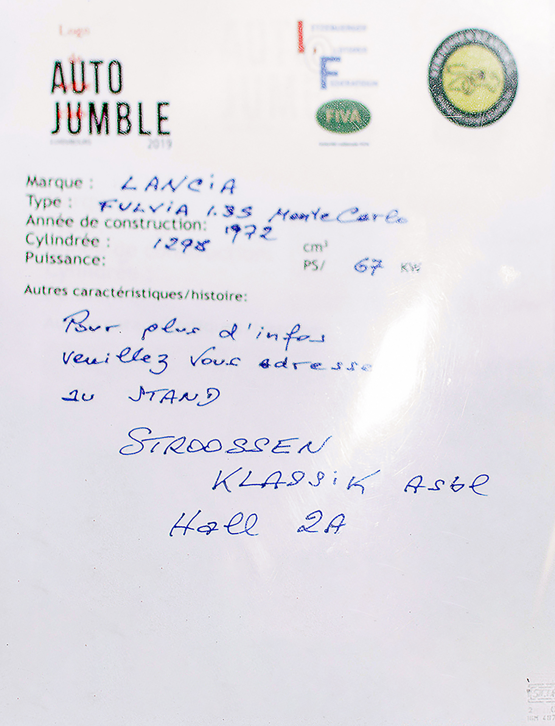 Lancia Fulvia coupé Monte Carlo 1972 infos - LOF, Autotojumble, Luxembourg, 2019