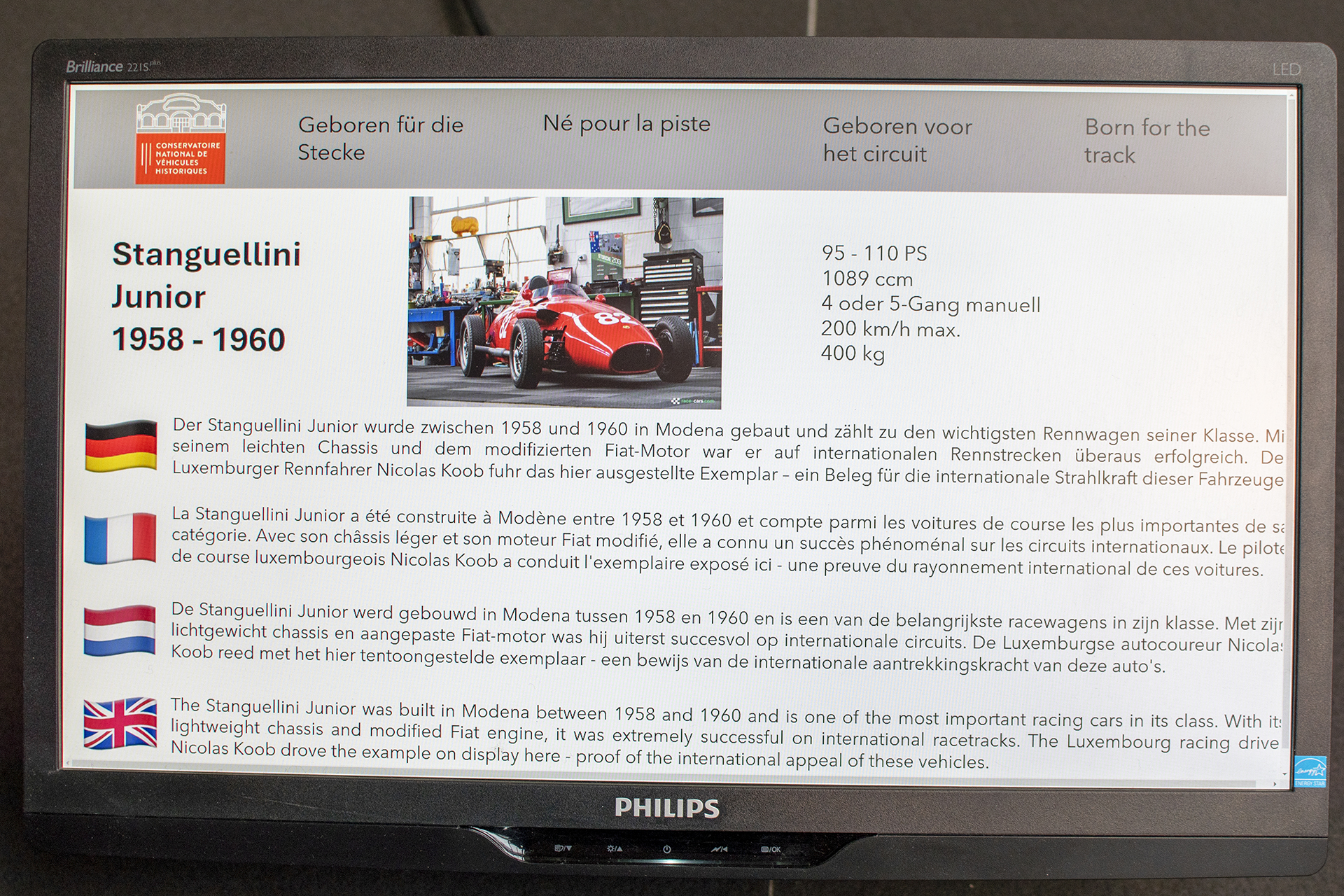 Stanguellini Junior infos - Conservatoire National de Véhicules Historique s,Diekirch, exposition Eleganza su Strada 2025-2026