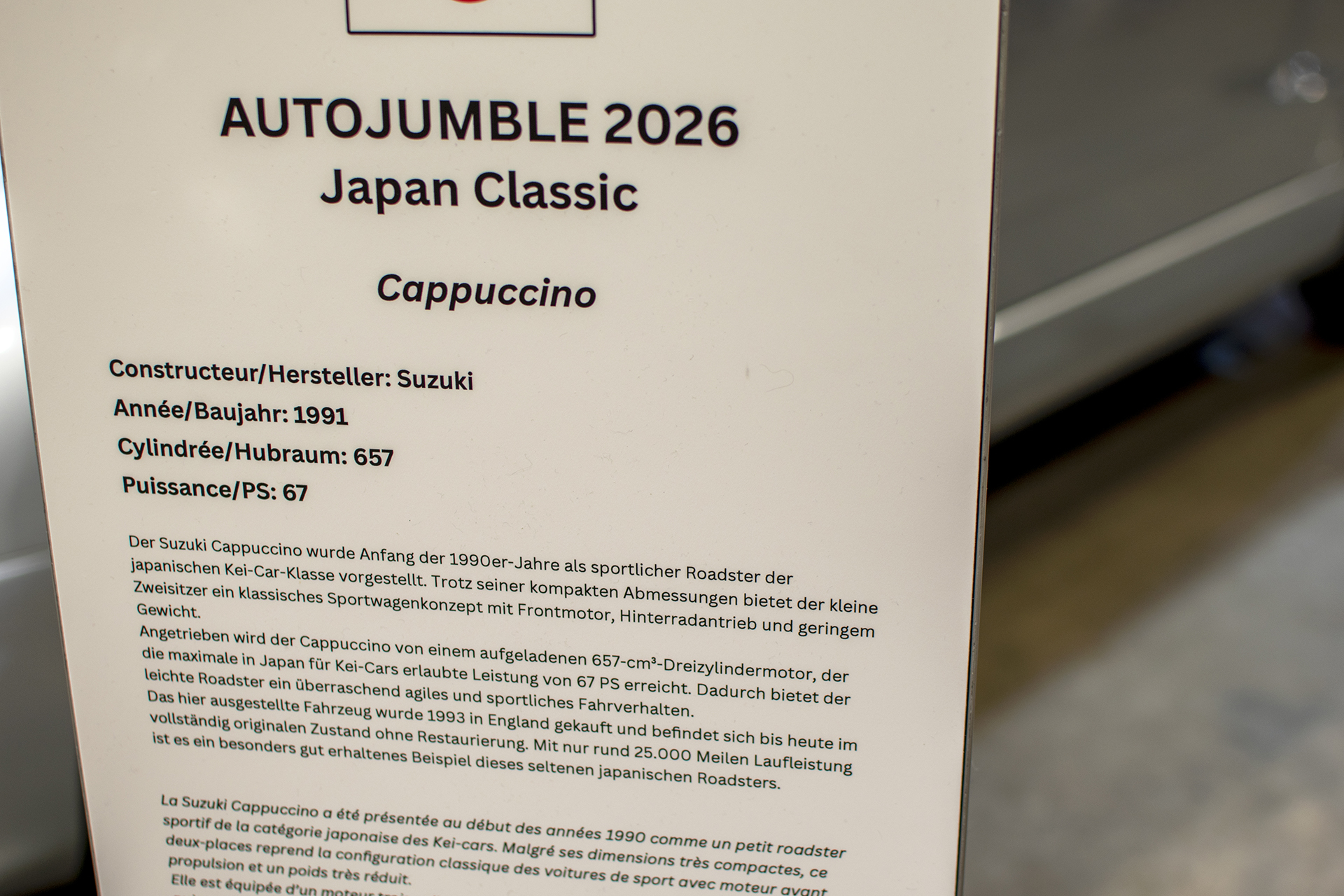 Suzuki Cappuccino 1991 infos - LOF, Auto Jumble ,2026, Luxembourg, all thing classic, Japan classic
