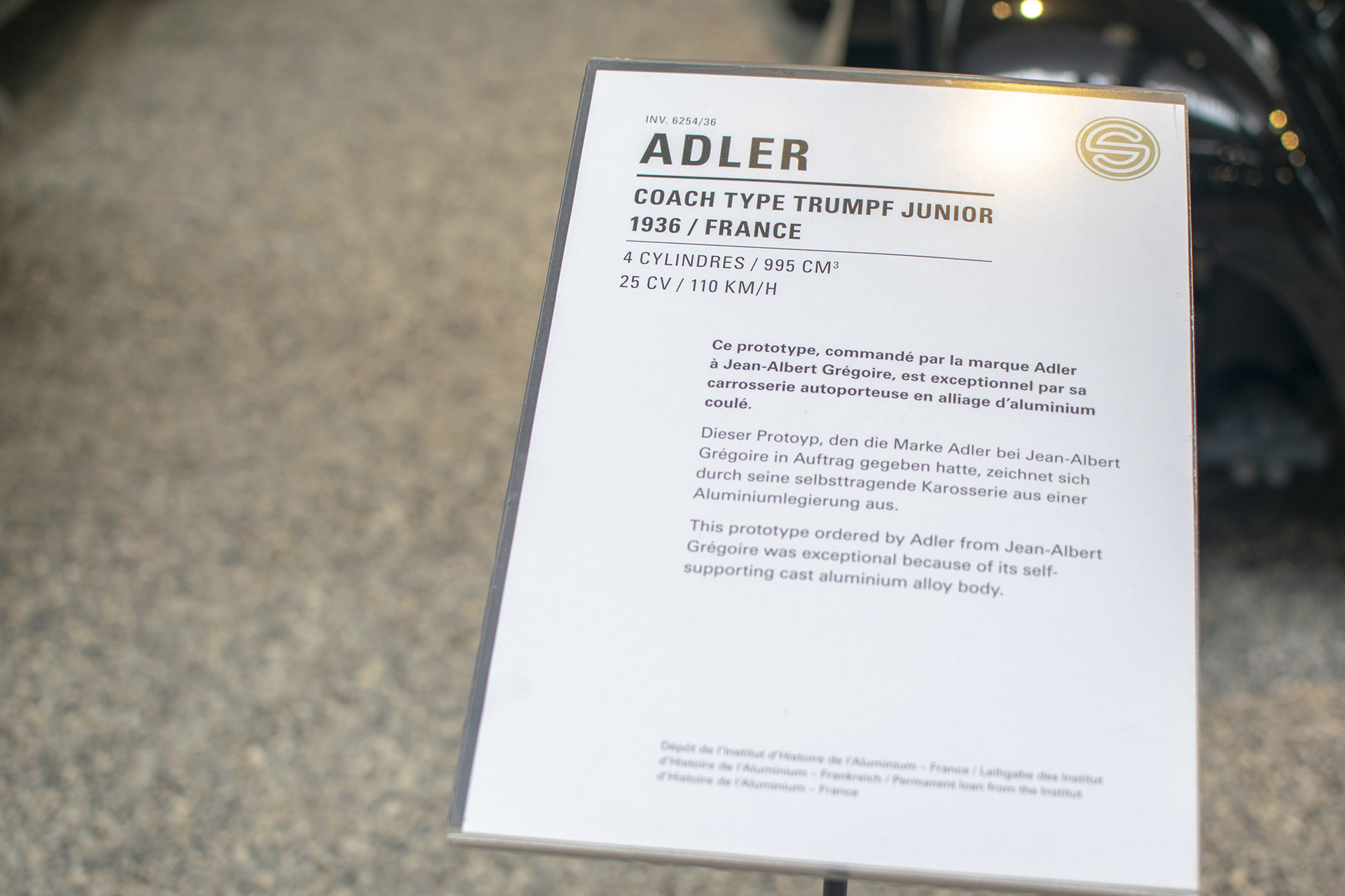 Adler Trumpf Junior 1936 prototype infos  - Cité de l'automobile, Collection Schlumpf, Mulhouse, 2020