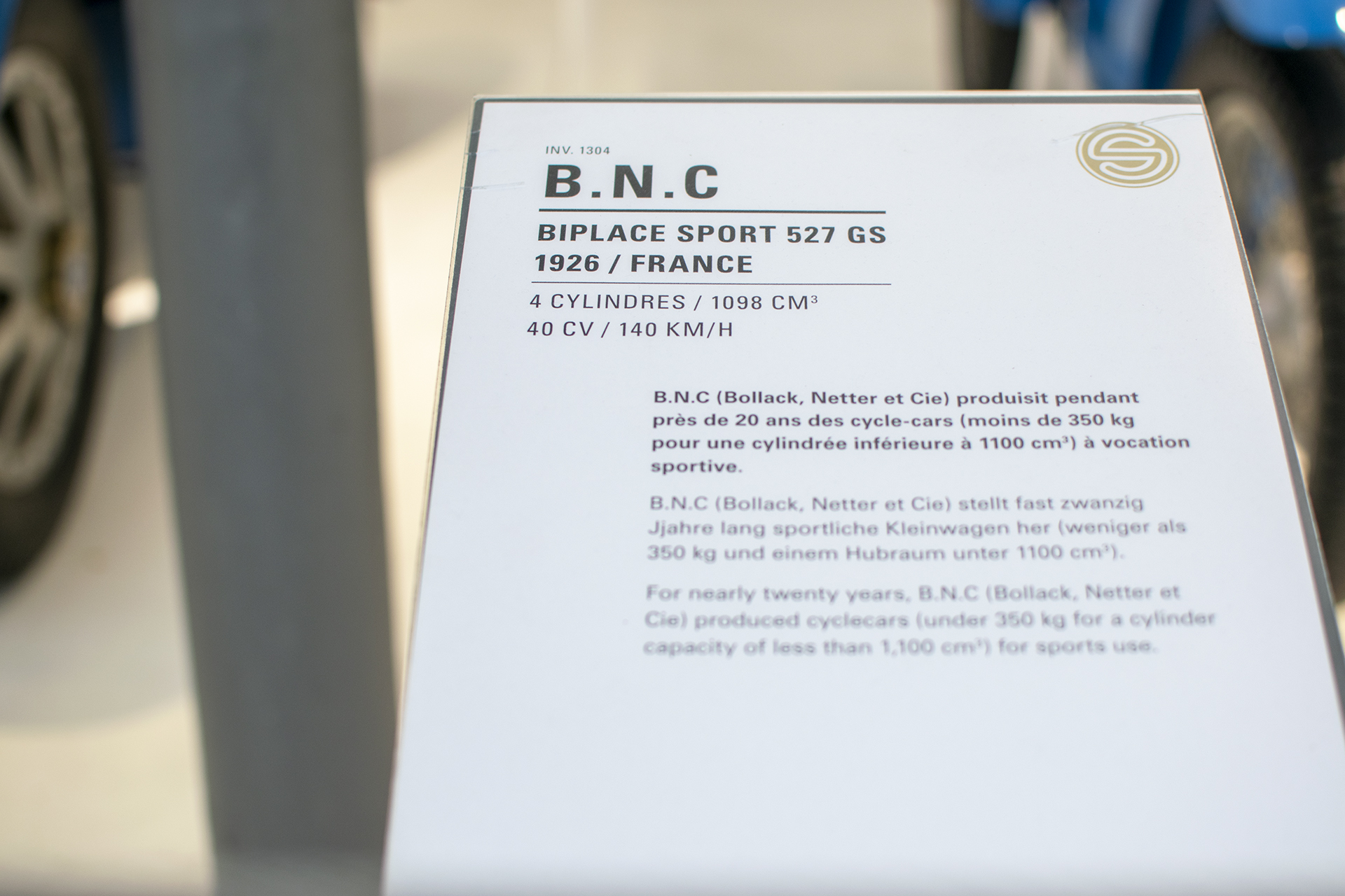 BNC 527 GS biplace sport 1926 -infos Cité de l'automobile, Collection Schlumpf, Mulhouse, 2020