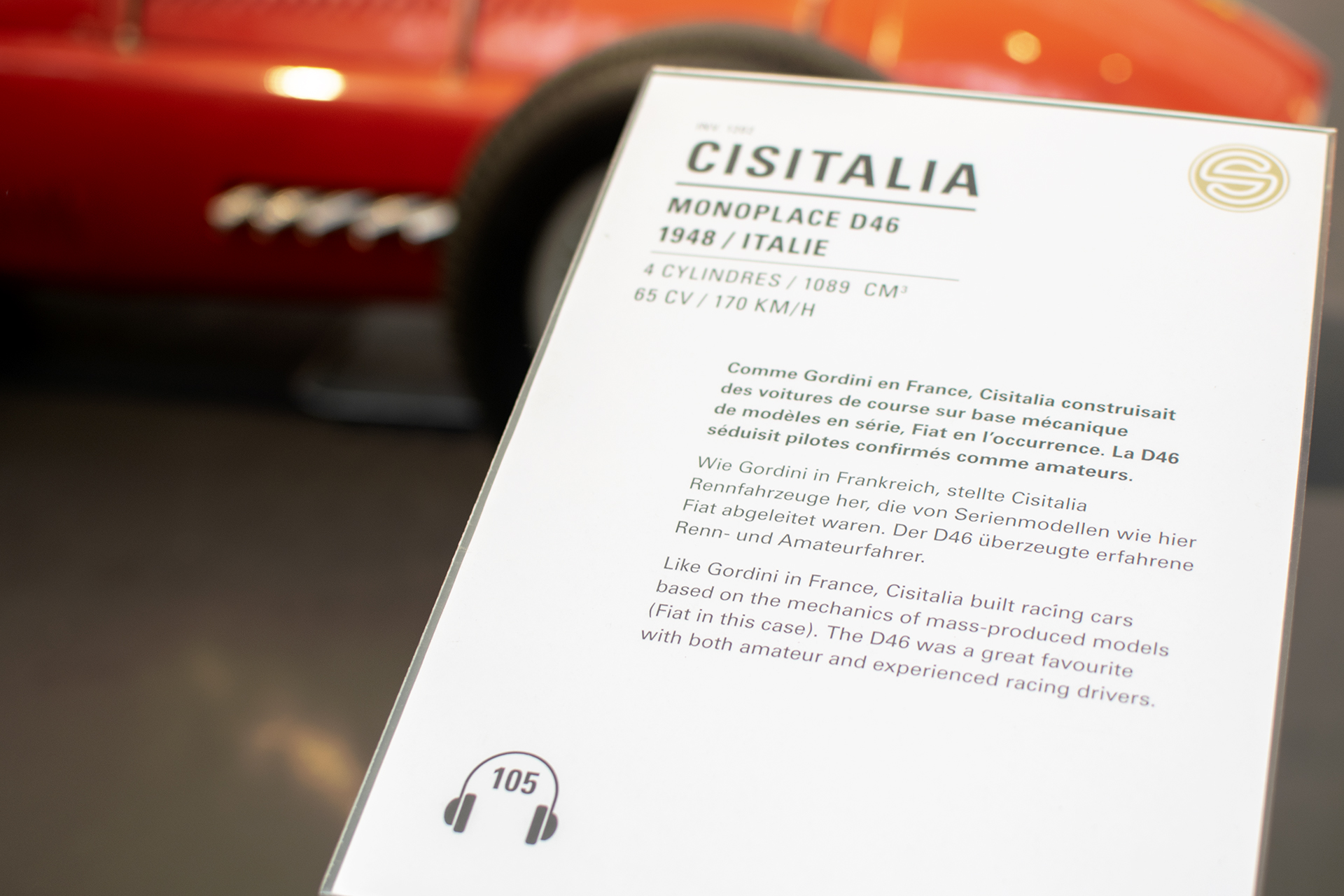 Cisitalia D46 monoplace 1948 infos - Cité de l'automobile, Collection Schlumpf, Mulhouse, 2020