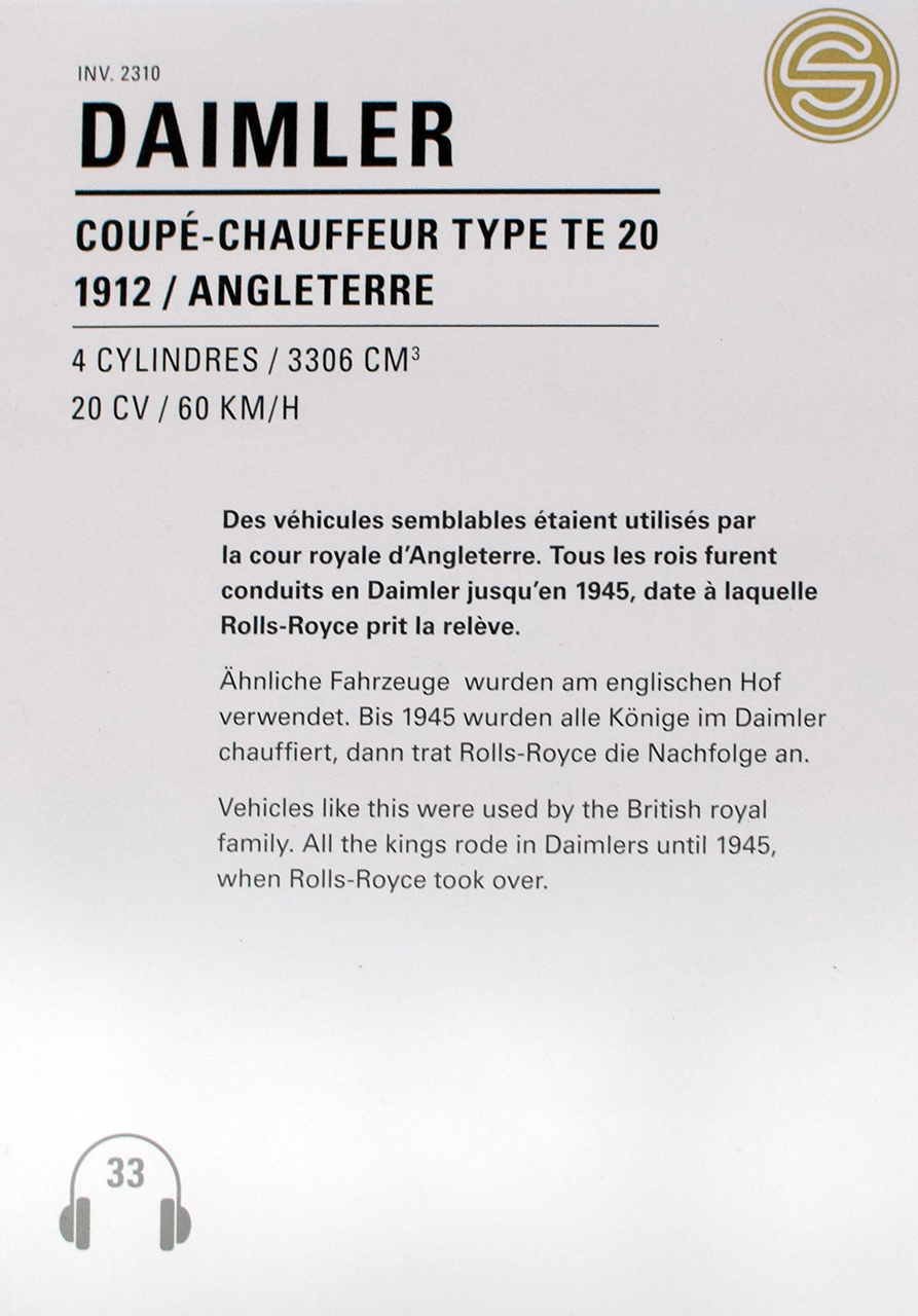 Daimler TE 20 coupé-Chauffeur 1912 infos  - Cité de l'automobile, Collection Schlumpf, Mulhouse
